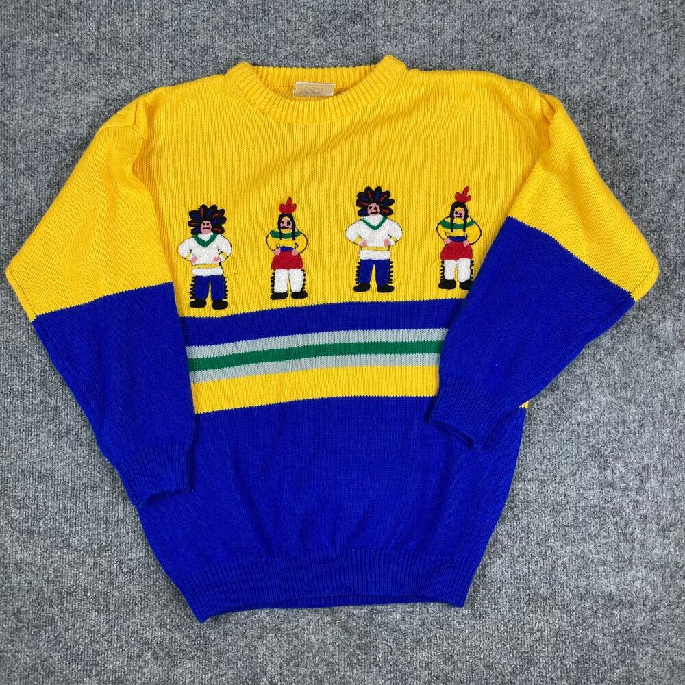 Vintage One Step Up Sweater Womens M Yellow Blue Novelty Graphic Pullover